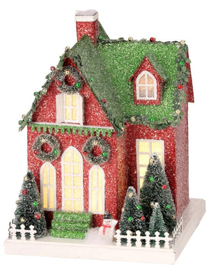 10.5" Red Green Light Trimmed Paper Putz Christmas Village House with Santa