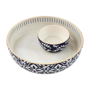 Mud Pie Home Indigo Blue and White Mosaic Print Chip Dip Party Serving Bowl Set