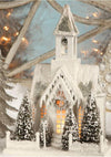 Bethany Lowe 15" Tall Snowy White and Silver Country Church Christmas Village with Bottle Brush Trees