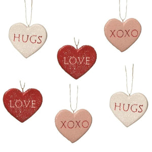 HUGS LOVE XOXO Candy Heart Valentine Day Ornament Set of 3