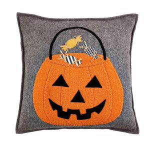 Mud Pie Home Jack O Lantern Candy Pumpkin Halloween Felt Applique 14" Sq Pillow