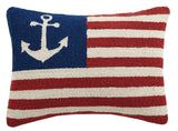 USA American Flag Red White Blue Nautical Anchor 12" x 18" Hooked Wool Pillow