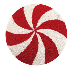 Starburst Red White Swirl Christmas Candy 14" Round Hooked Wool Throw Pillow