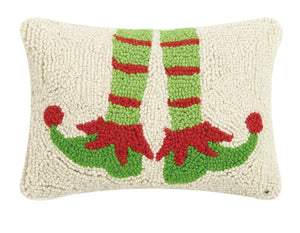 Green Elf Feet 8" x 12" Hooked Wool Christmas Accent Pillow