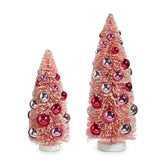 RAZ Pink Bottle Brush Trees with Shiny Silver Pink Balls Christmas Set of 3