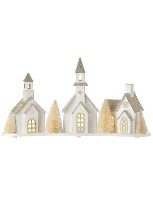 16" Tall Snowy White Ivory Paper Putz Christmas Village House and Church Scene