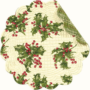 C & F Quilted Products April Cornell Christmas Holly Cream Quilted Round Reversible Placemat