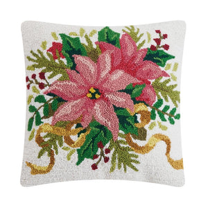 Pink Poinsettia Christmas Green Hook Wool Throw Pillow 16" Sq