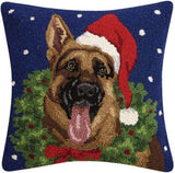 German Shepherd Dog w/ Christmas Wreath Hooked Wool Throw Pillow 18" Sq