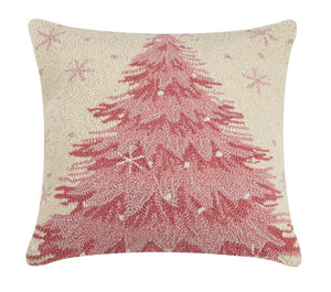 Pink Christmas Tree 18" Sq Holiday Hooked Wool Pillow