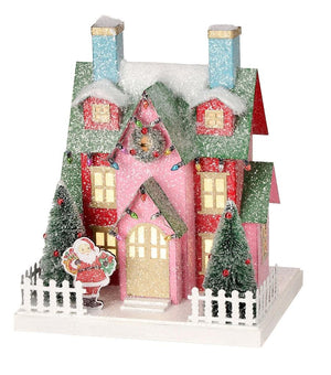 10" Red Paper Putz Cape Cod with Santa Christmas Village House w/LED Light