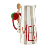 Mud Pie Home MERRY Gray Ceramic Stripe Christmas Drink Water Serving Pitcher Spoon Set