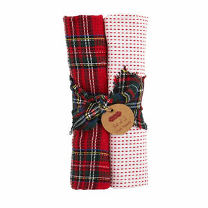 Mud Pie Home Red Tartan Plaid White Stitched Christmas Kitchen Towel Set of 2