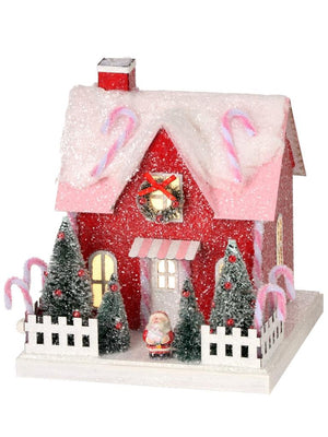 8.5" Red and Pink Santa Candy Cane Sweet Christmas Village House w/LED Light on Timer