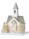 11" Snowy White and Platinum Paper Putz Christmas Village Country Church w/LED Light