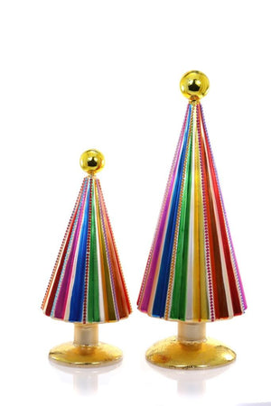 Rainbow Pleated with Gold Accents Star Topped Christmas Tree Figure Set of 2