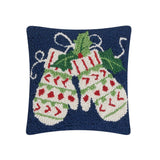 Winter Mittens on Blue Christmas 10" Sq Hooked Wool Accent Pillow