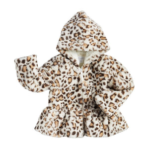 Leopard Print on Cream Plush Fur Hooded Girls Zip-Up Jacket