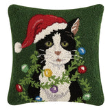 Black White Tuxedo Cat with Santa Hat Christmas Throw Pillow 16" Sq