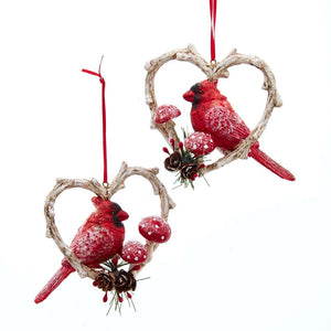 Kurt Adler Red Cardinal Birds on Twig Heart Wreath Christmas Ornament Set of 2