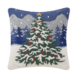 Snowy Christmas Tree Winter Scene Hooked Wool 16" Christmas Throw Pillow