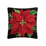 Red Poinsettia Flower on Black Hooked Wool Christmas 10" Sq Pillow