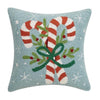 Crossed Candy Canes Blue Christmas Decor Hooked Wool Pillow 16" Sq