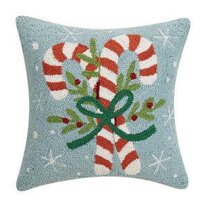 Crossed Candy Canes Blue Christmas Decor Hooked Wool Pillow 16" Sq