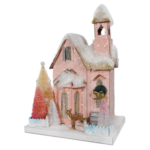 Cody Foster 14" Pink Frostfield Christmas Mantel Village Church with Deer