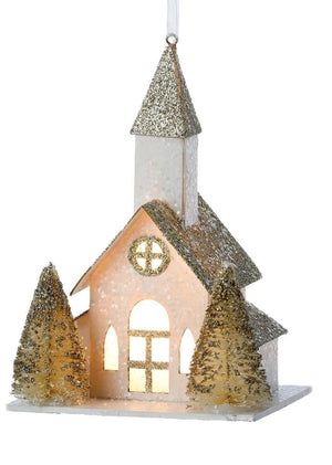 5.5" Snowy White Paper Putz Country Christmas Village Church w/LED