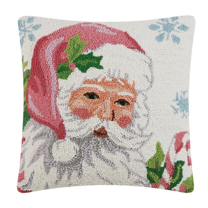 Pink Santa with Candy Cane Christmas Hook Wool Throw Pillow 18" Sq