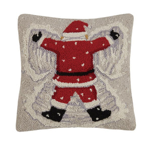 Santa Making a Snow Angel 16" Sq Hooked Wool Christmas Pillow