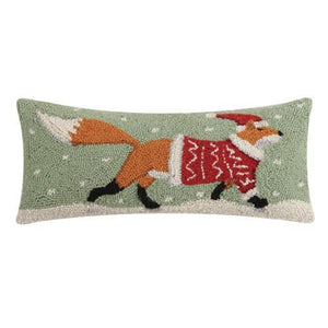 Woodland Fox in Christmas Sweater Hooked Wool Accent Pillows 8" X 20"