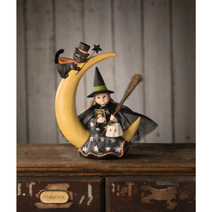 Bethany Lowe 8" Mara Witch on Moon w/ Black Cat Kids Halloween Figure