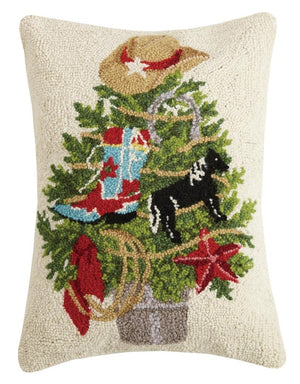 Mary Lake Thompson Western Christmas Tree Cowboy Hat 14" x 20" Hooked Wool Pillow