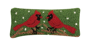 2 Cardinal Birds on Branch Christmas Winter Mini Hooked Wool Pillow