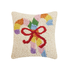 Rainbow Christmas Candy Canes 10" Sq Hooked Wool Accent Pillow