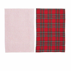 Mud Pie Home Red Tartan Plaid White Stitched Christmas Kitchen Towel Set of 2