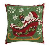 Santa in Sleigh with Snowflakes 18" Sq Hooked Wool Christmas Pillow