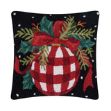 Christmas Ornament on Black 16" Sq Hooked Wool Throw Pillow