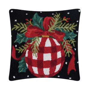 Christmas Ornament on Black 16" Sq Hooked Wool Throw Pillow