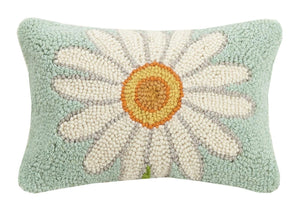 Summer White Daisy Flower on Blue Hooked Wool Throw Pillow 8" x 12"