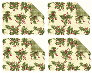 April Cornell Christmas Holly Cream Quilted Reversible Placemat Set of 4