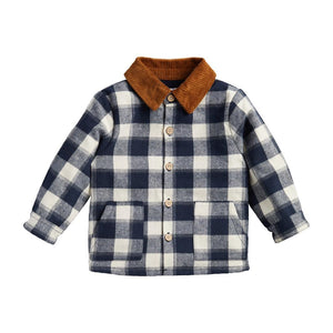 Navy  Buffalo Check Plaid Boys Jacket with Corduroy Collar