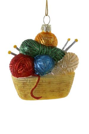 Cody Foster KNIT HAPPENS Basket of Yarn and Needles Knitting Glass Christmas Ornaments