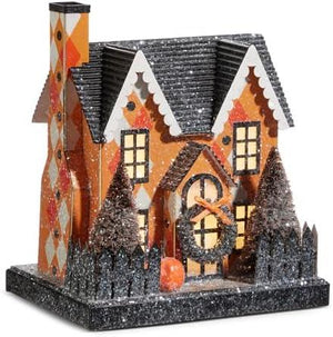 RAZ 7.5" Orange Harlequin Pattern Halloween Party House w/ Timer