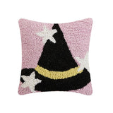 Pink Halloween Fall Witch Hat Hooked Wool Accent Pillow 10" Sq