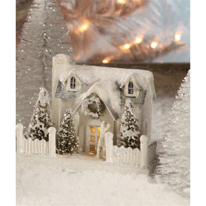 Bethany Lowe 6" Wintery White Cape Cod Putz House with Deer Christmas Village Figure