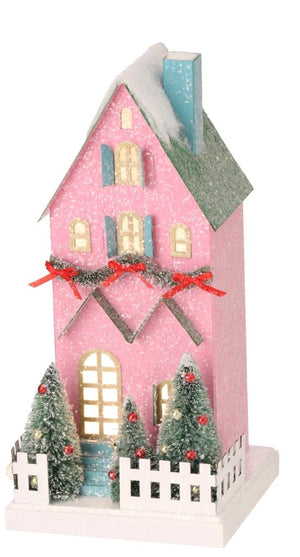 10.5" Blue Paper Putz Townhouse Curved Roof Christmas Village House w/LED Light