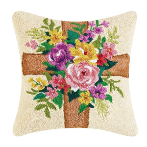 Easter Flowers on Cross Hook Wool 18" Square Throw Pillow